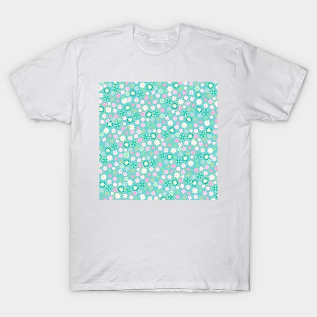 Sweet Pink White Teal  Ditsy Floral Pattern T-Shirt by NdesignTrend